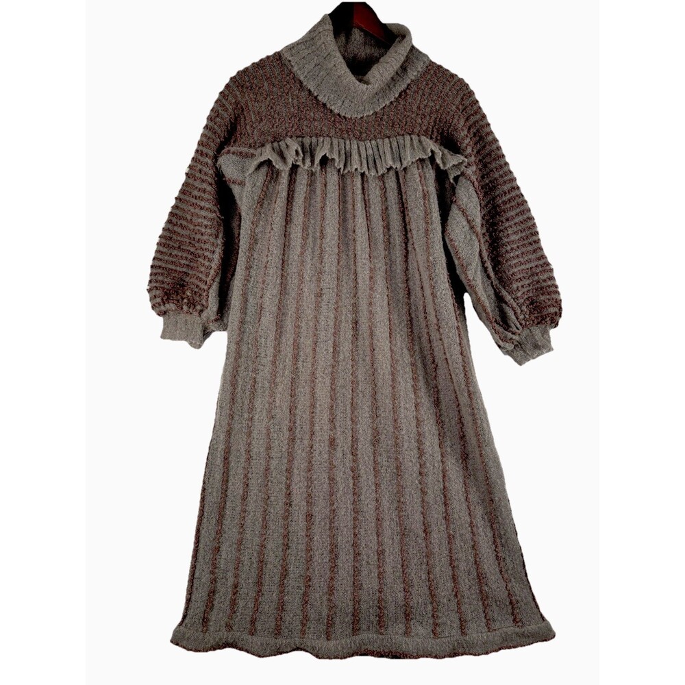 Rare 70s French Hand-Knit Wool Prairie Midi Dress‎ Chaumière aux Tricots Paris M